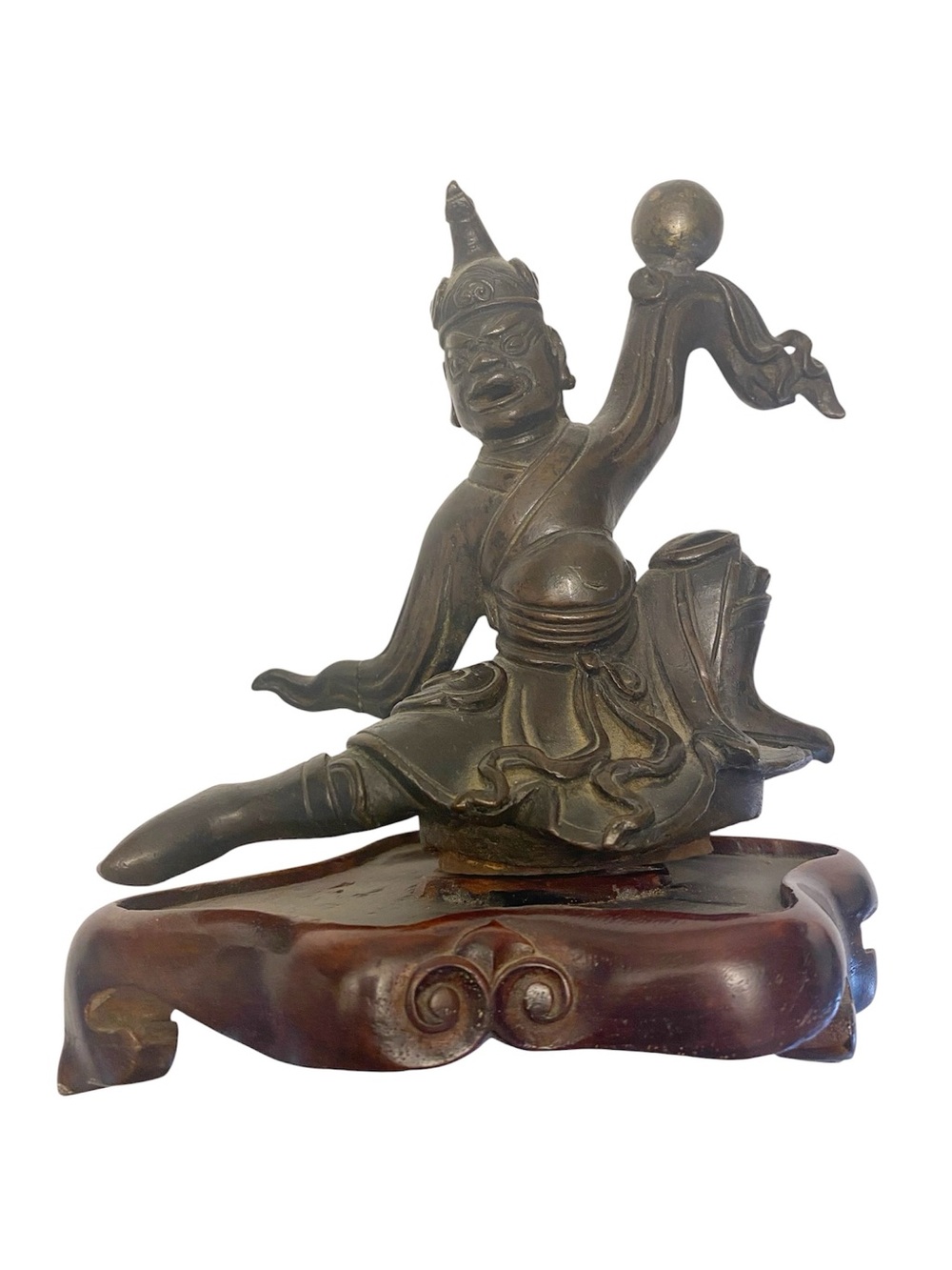 Vintage Antique Chinese Bronze Kui Xing Deity Figurine Statue Wood Base 7"
